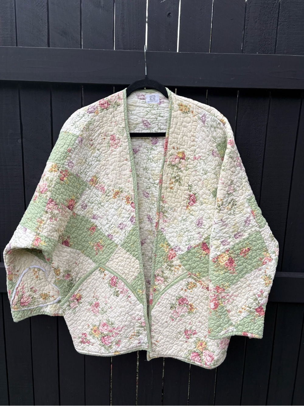 Upcycled Vintage Quilted Floral Open-Front Women's Jacket - Cream & Light Green